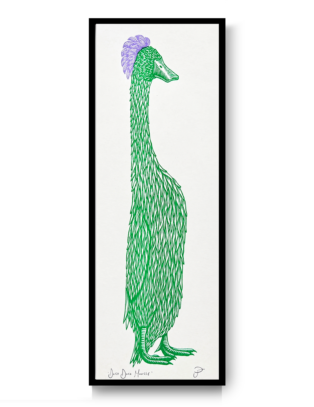 Duck Duck Mousse by Strangford, green duck with purple feathered crest on a tall risograph print.