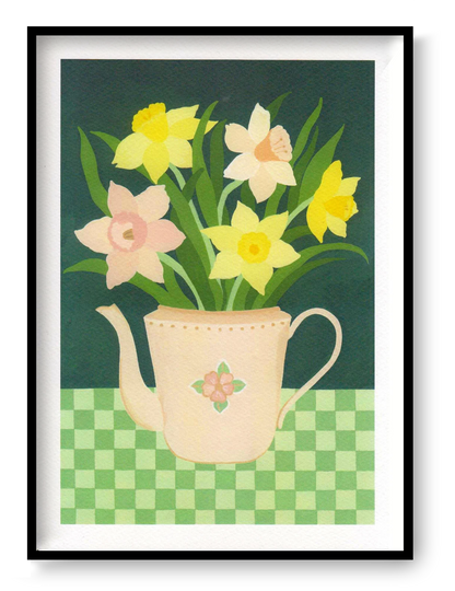 A4 floral art print “Daffodils” by Leens, yellow daffodils in a teapot illustration, botanical wall art for bright kitchens and modern interiors.