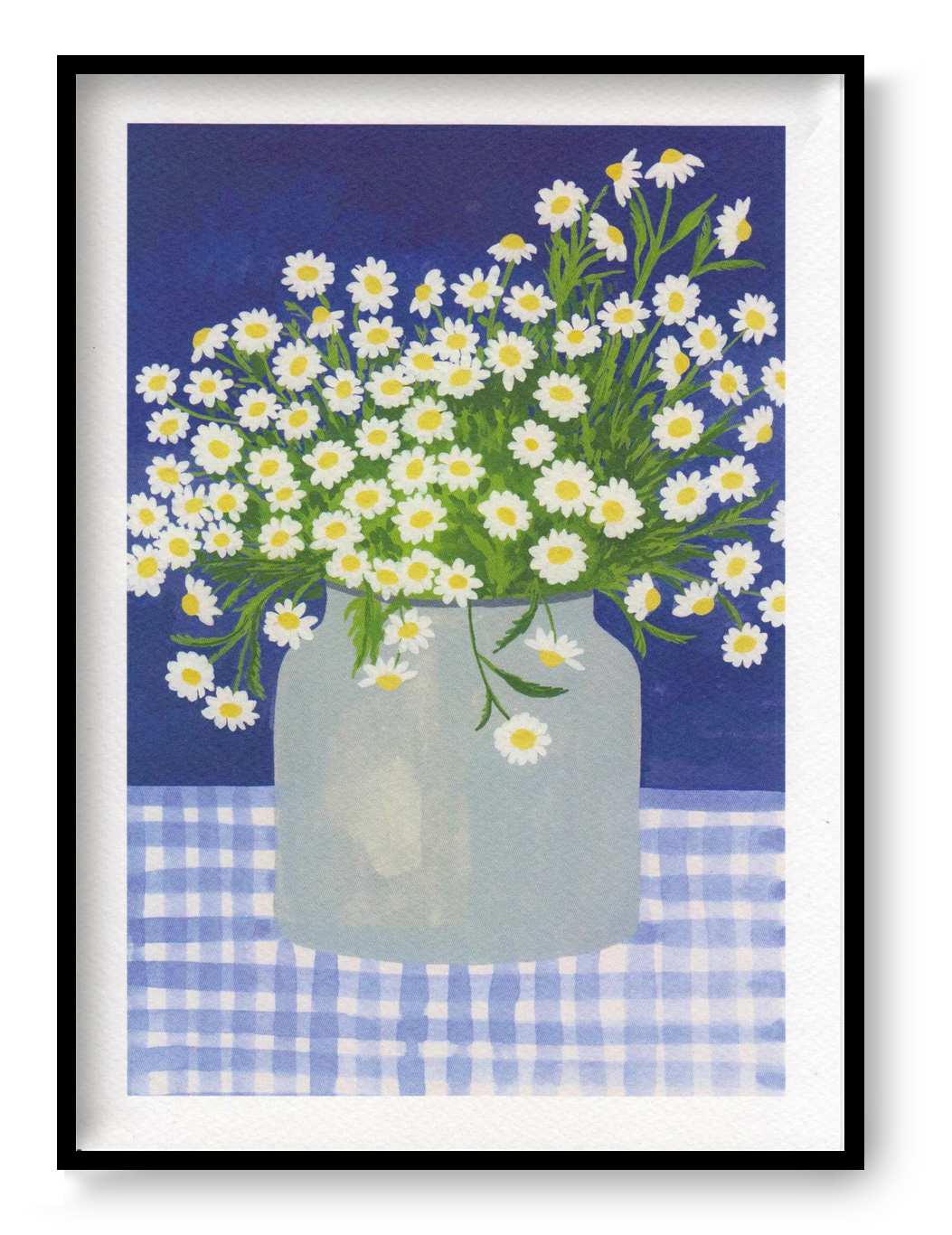 A4 floral art print “Daisies” by Leens, white daisy bouquet in glass jar illustration, botanical wall art for bright modern interiors.