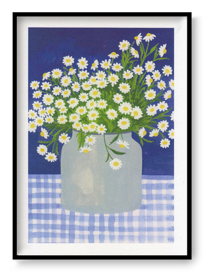 A4 floral art print “Daisies” by Leens, white daisy bouquet in glass jar illustration, botanical wall art for bright modern interiors.