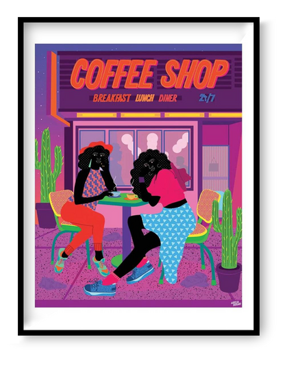 30x40 cm art print “Dallas Coffee Shop” by Aurélia Durand, colorful diner scene illustration celebrating community and diversity, vibrant wall art for modern interiors.