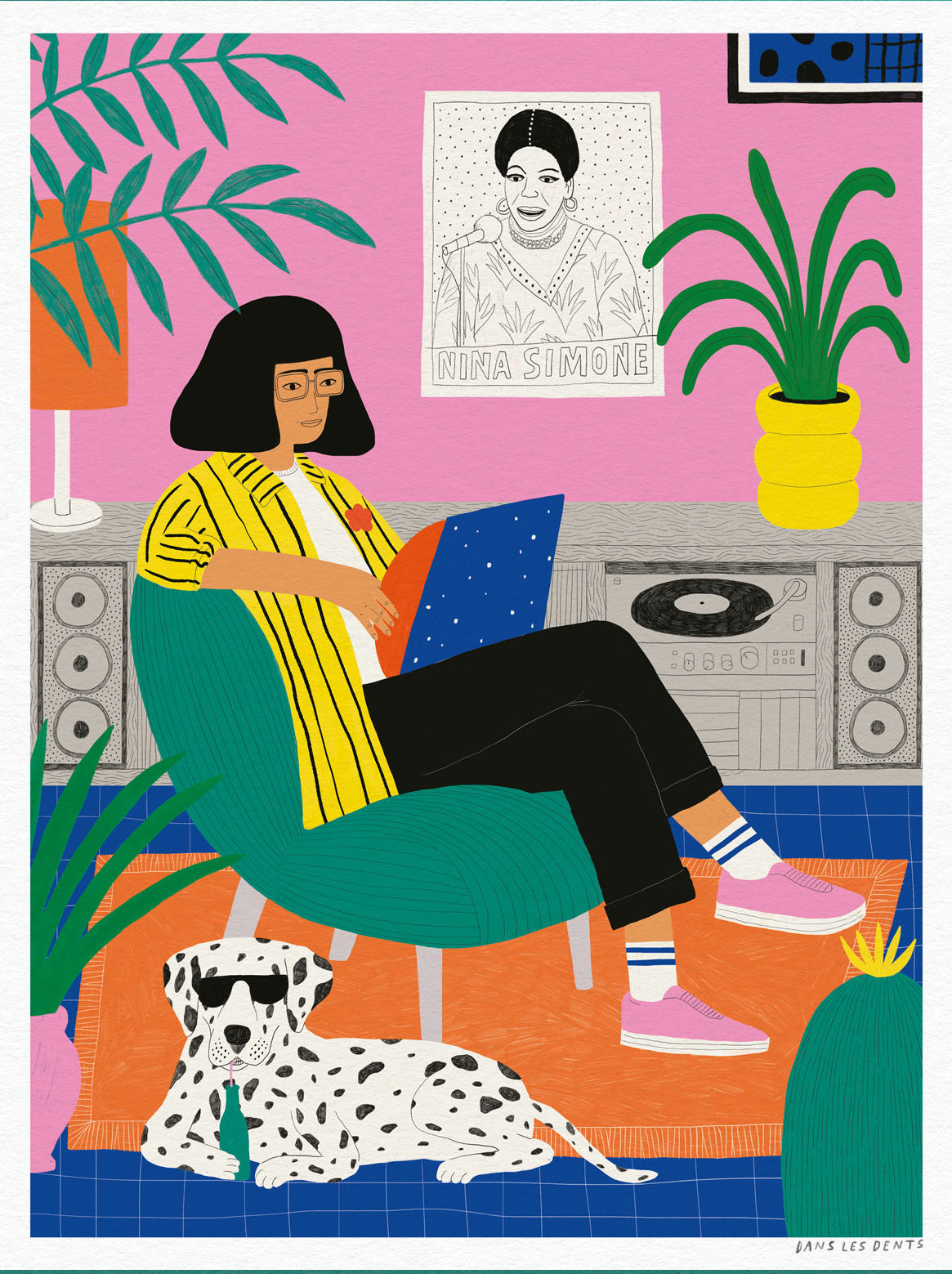 The Girl with the Vinyl by Dans les Dents, colourful 30 x 40 cm digital art print featuring a cozy music-inspired interior with a vinyl record and bold modern illustration style.