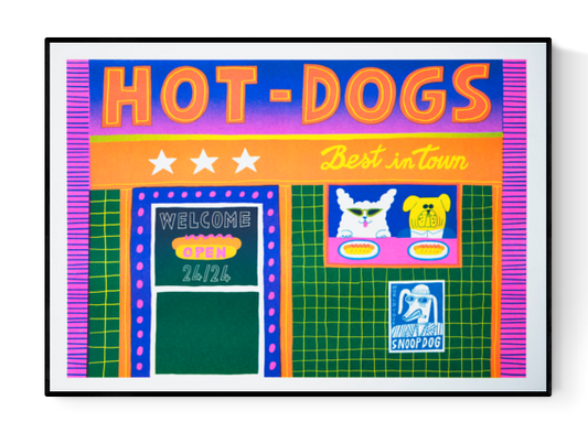 Colorful risoprint titled “Hotdogs” by Dans les Dents, featuring a neon-style hot dog stand with two cartoon dogs, bold lettering, and playful retro signage, A3 format.
