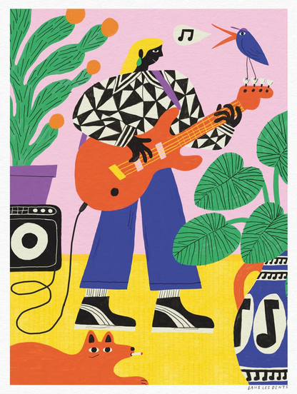 La Joueuse de basse art print by Dans les Dents 30 x 40 cm digital illustration of bass guitarist with bold colors plants amplifier and modern graphic style wall art