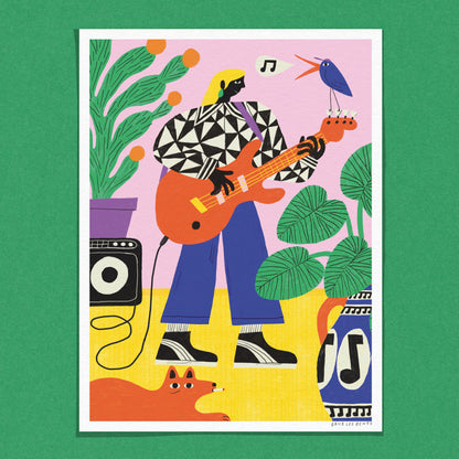 Colorful art print titled “La Joueuse de basse” by Dans les Dents, featuring a woman playing bass guitar surrounded by plants, a speaker, a dog, and a singing bird, in a bold and cheerful retro style.