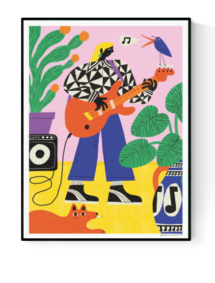 Colorful art print titled “La Joueuse de basse” by Dans les Dents, featuring a woman playing bass guitar surrounded by plants, a speaker, a dog, and a singing bird, in a bold and cheerful retro style.