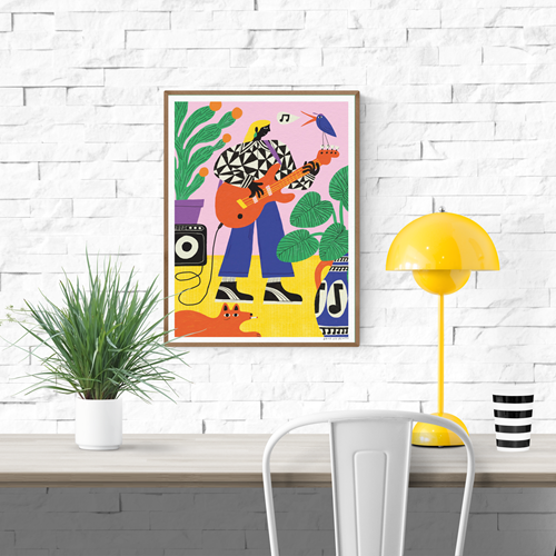 Colorful art print titled “La Joueuse de basse” by Dans les Dents, featuring a woman playing bass guitar surrounded by plants, a speaker, a dog, and a singing bird, in a bold and cheerful retro style.