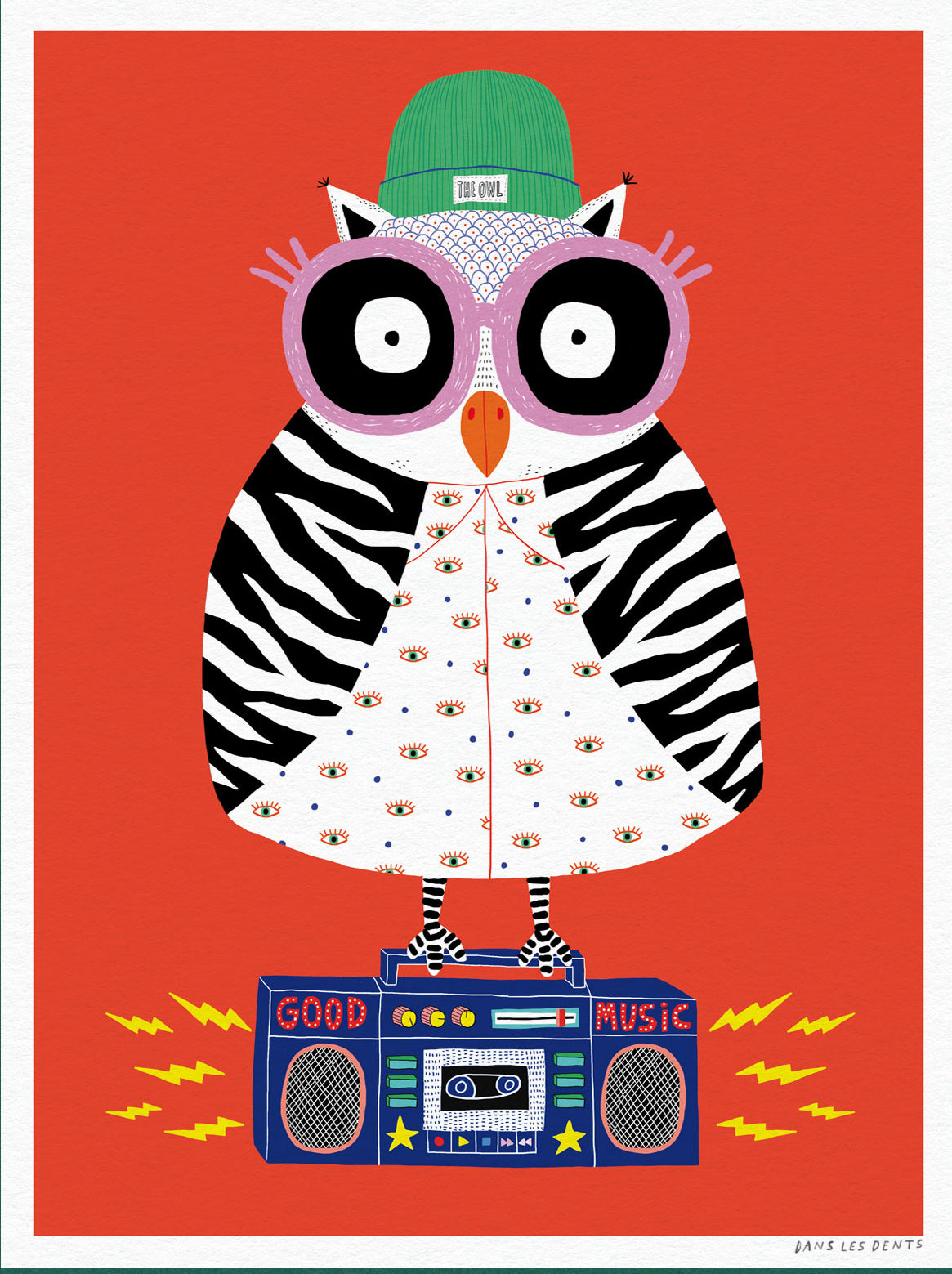 Colorful owl illustration by Dans les Dents, wearing zebra patterns, oversized glasses, and standing on a boombox with the text “Good Music”; vibrant red background and streetwear details.