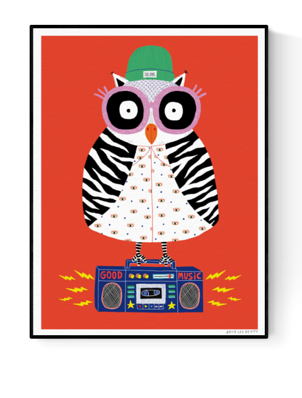 Colorful owl illustration by Dans les Dents, wearing zebra patterns, oversized glasses, and standing on a boombox with the text “Good Music”; vibrant red background and streetwear details.