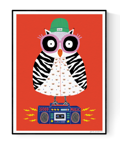 Colorful owl illustration by Dans les Dents, wearing zebra patterns, oversized glasses, and standing on a boombox with the text “Good Music”; vibrant red background and streetwear details.