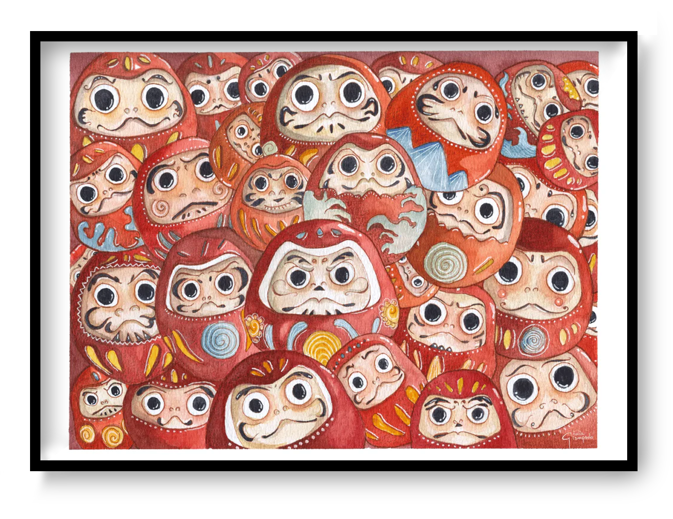 A4 watercolor art print “Darumas” by Giu Watercolor, Japanese Daruma doll illustration with red tones, playful wall art for modern interiors.