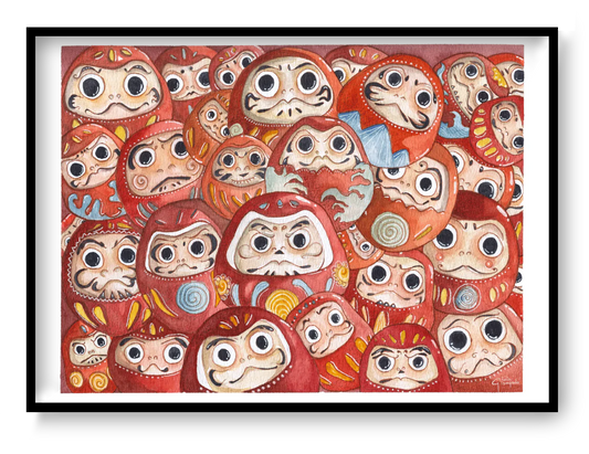 A4 watercolor art print “Darumas” by Giu Watercolor, Japanese Daruma doll illustration with red tones, playful wall art for modern interiors.