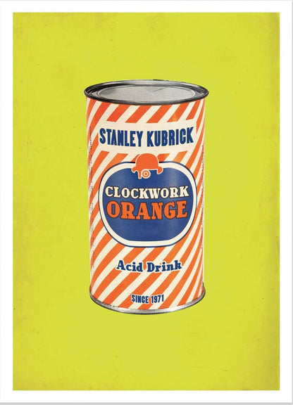 Clockwork Orange by David Redon – 30x40 cm pop art poster inspired by Stanley Kubrick’s cult film A Clockwork Orange, featuring a vintage 1960s-style canned drink design on a bright yellow background. Retro cinema wall art for movie lovers, printed in France on FSC-certified paper.