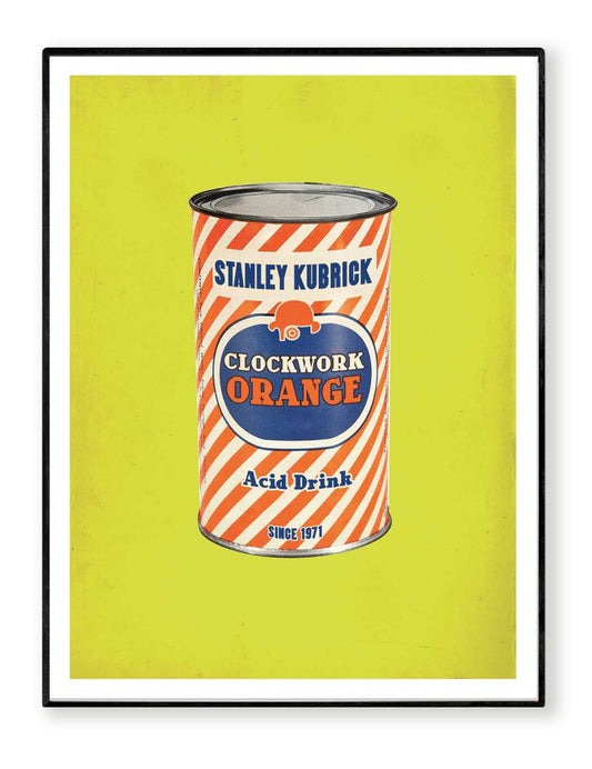 Clockwork Orange by David Redon – 30x40 cm pop art poster inspired by Stanley Kubrick’s cult film A Clockwork Orange, featuring a vintage 1960s-style canned drink design on a bright yellow background. Retro cinema wall art for movie lovers, printed in France on FSC-certified paper.