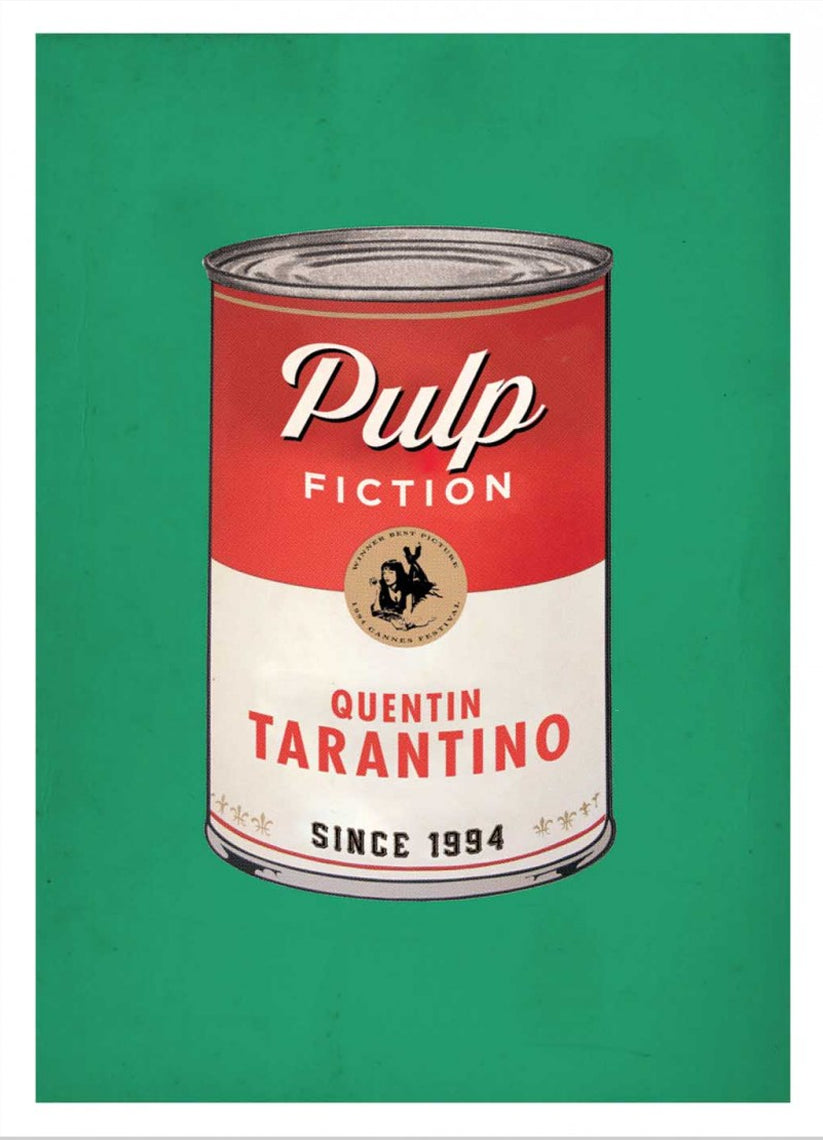 Pulp Fiction by David Redon – 30x40 cm retro pop art poster featuring a vintage tin can design labeled Quentin Tarantino, with Mia Wallace illustration. Bold green background, perfect wall art for film lovers and pop culture fans.