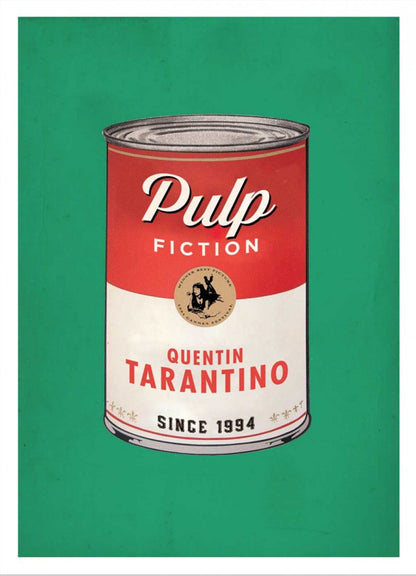 Pulp Fiction by David Redon – 30x40 cm retro pop art poster featuring a vintage tin can design labeled Quentin Tarantino, with Mia Wallace illustration. Bold green background, perfect wall art for film lovers and pop culture fans.