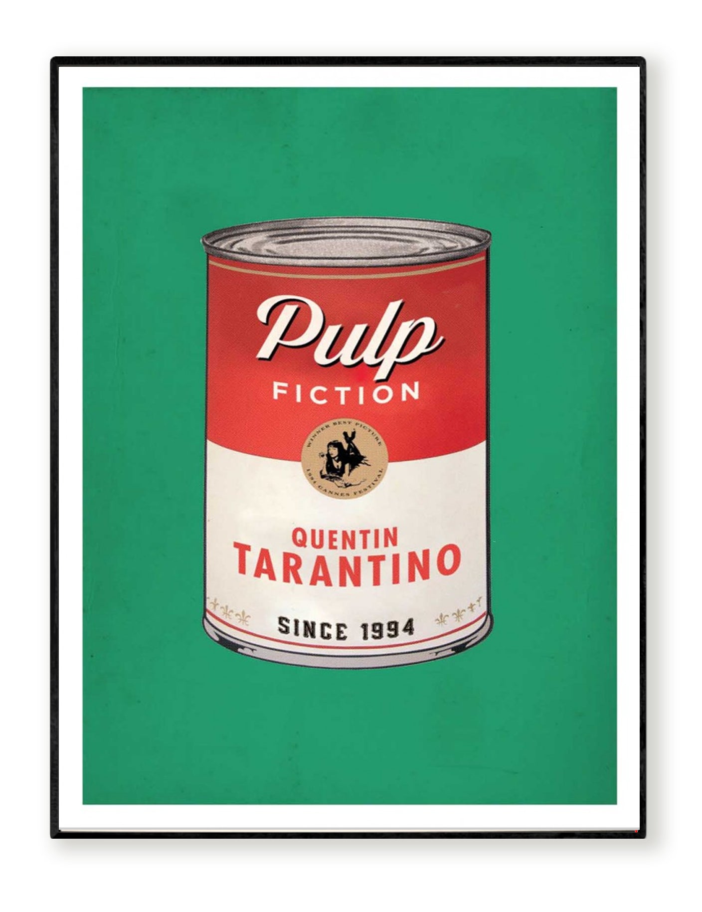 Pulp Fiction by David Redon – 30x40 cm retro pop art poster featuring a vintage tin can design labeled Quentin Tarantino, with Mia Wallace illustration. Bold green background, perfect wall art for film lovers and pop culture fans.