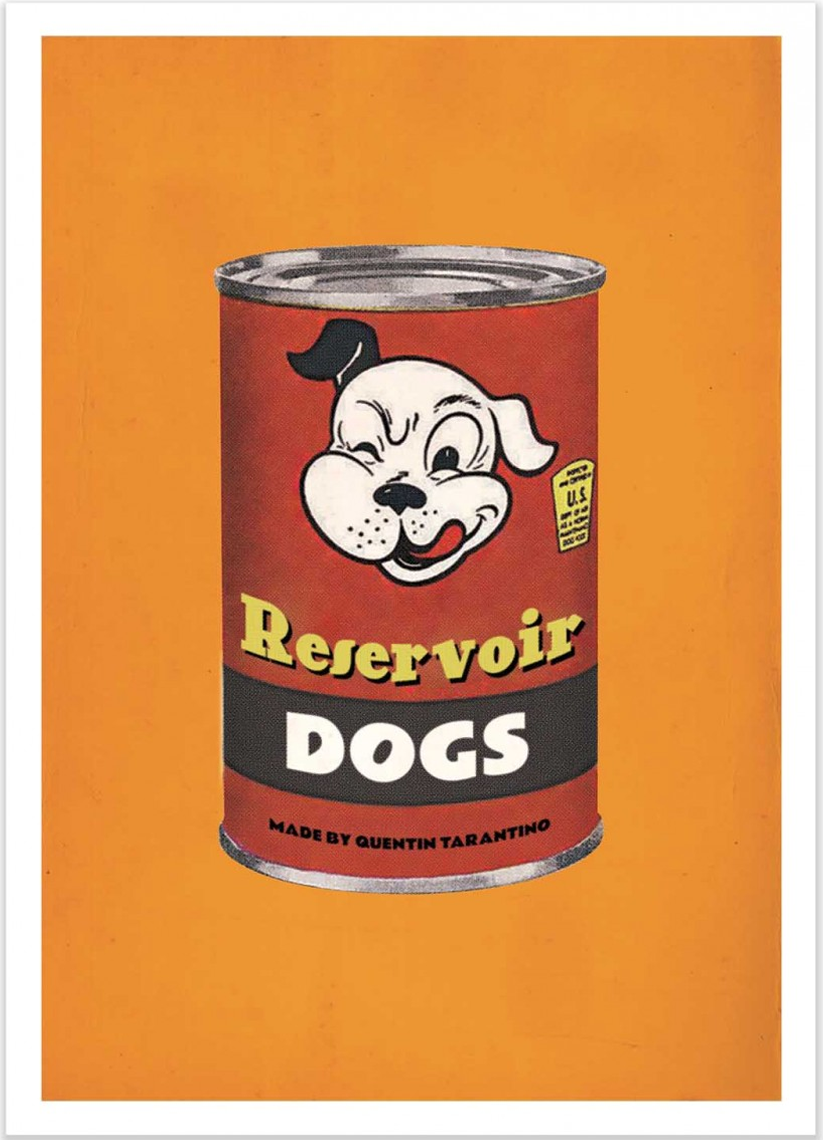 Reservoir Dogs by David Redon – 30x40 cm retro pop art print featuring a vintage-style food can design inspired by Quentin Tarantino’s cult film. Bright orange background, playful Warhol-inspired aesthetic, perfect cinema wall art for movie fans and collectors.