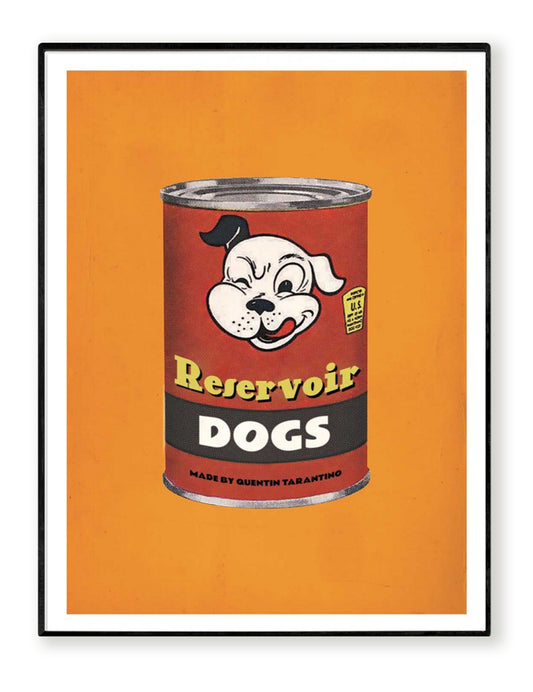 Reservoir Dogs by David Redon – 30x40 cm retro pop art print featuring a vintage-style food can design inspired by Quentin Tarantino’s cult film. Bright orange background, playful Warhol-inspired aesthetic, perfect cinema wall art for movie fans and collectors.