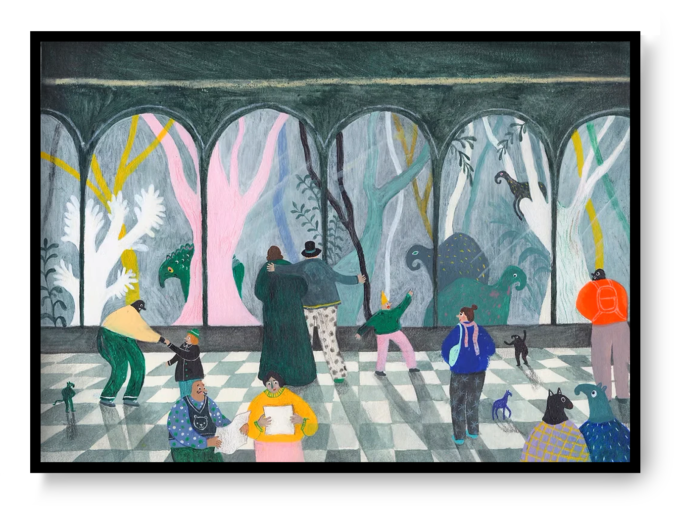 A4 art print “De bewonering” by Louise de Meester, whimsical narrative illustration with humans and animals, surreal wall art for imaginative interiors.