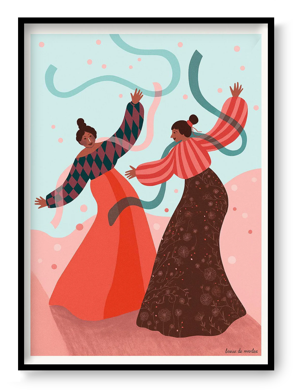 30x40 cm art print “De dans” by Louise de Meester, illustration of two women dancing with ribbons and confetti, joyful contemporary wall art.