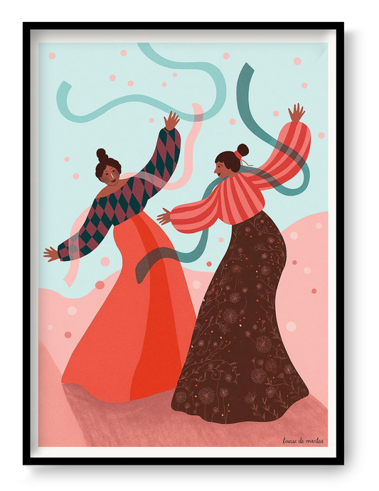 30x40 cm art print “De dans” by Louise de Meester, illustration of two women dancing with ribbons and confetti, joyful contemporary wall art.