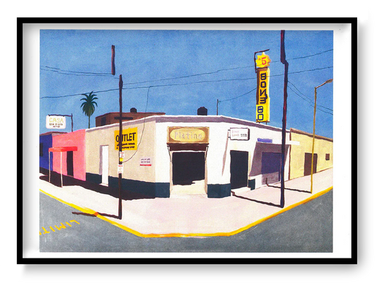 A3 risograph art print “Del Fresno, Mexico City” by Nao Tatsumi, minimal urban street illustration with soft tones, contemporary cityscape wall art.