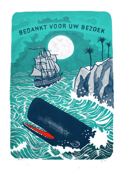 Limited edition 3-colour screen print by Belgian illustrator Dennis Dellaert featuring a large blue whale emerging from bright turquoise waves, a vintage sailing ship under a full moon, rocky cliffs with palm trees, and the text ‘Bedankt Voor Uw Bezoek’ in a bold retro style; vibrant 50×70 cm nautical artwork with playful storytelling.