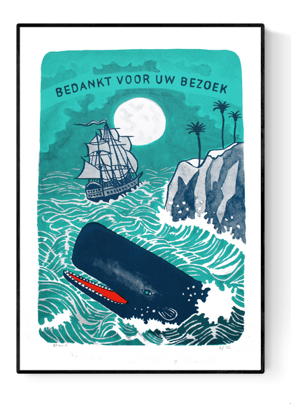 Limited edition 3-colour screen print by Belgian illustrator Dennis Dellaert featuring a large blue whale emerging from bright turquoise waves, a vintage sailing ship under a full moon, rocky cliffs with palm trees, and the text ‘Bedankt Voor Uw Bezoek’ in a bold retro style; vibrant 50×70 cm nautical artwork with playful storytelling.
