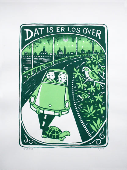 Green two-colour screen print by Belgian artist Dennis Dellaert showing a surprised couple driving at night, a turtle crossing the road, a parrot in lush tropical leaves, and a city skyline under the moon; limited edition 30x40 cm art print with bold, playful storytelling.