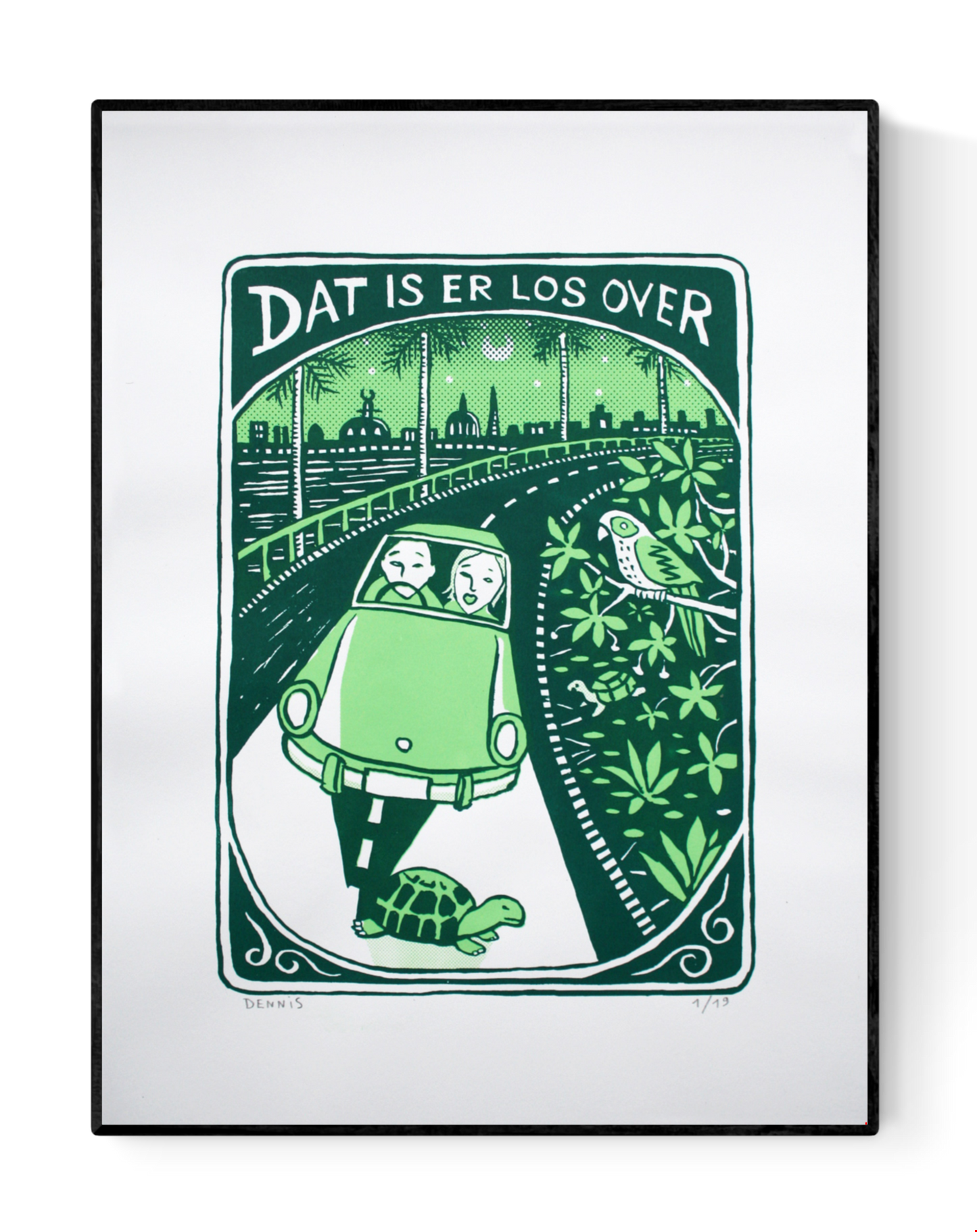 Green two-colour screen print by Belgian artist Dennis Dellaert showing a surprised couple driving at night, a turtle crossing the road, a parrot in lush tropical leaves, and a city skyline under the moon; limited edition 30x40 cm art print with bold, playful storytelling.
