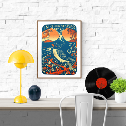 Illustration screen print “In Kleine Stapjes” by Belgian artist Dennis Dellaert, featuring a bright volcanic landscape, a singing bird on a branch, bold orange and blue tones, and a retro folk-art style. Motivational wall art with uplifting imagery, 30×40 cm limited edition screen print on Fedrigoni 250gsm paper.