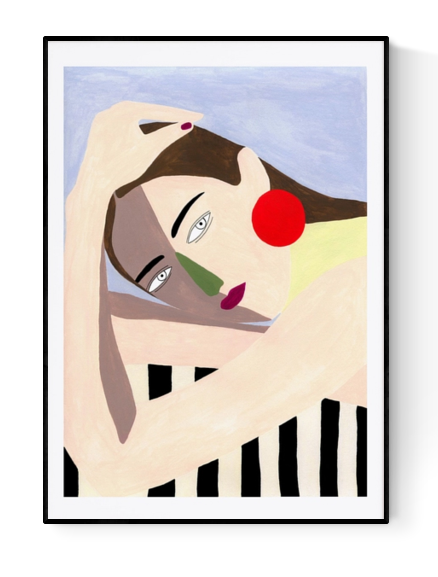 Giclée art print titled "Woman" by Spanish illustrator Depeapa, featuring a stylized female figure with red earrings and geometric color blocks on a soft pastel background, printed on A3 fine art paper.