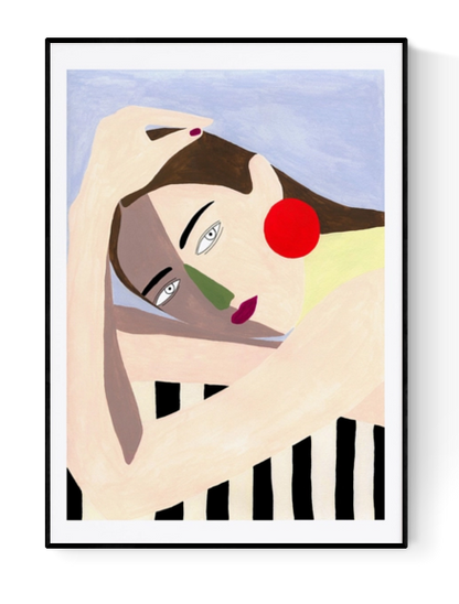 Giclée art print titled "Woman" by Spanish illustrator Depeapa, featuring a stylized female figure with red earrings and geometric color blocks on a soft pastel background, printed on A3 fine art paper.
