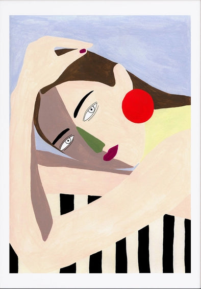 Giclée art print titled "Woman" by Spanish illustrator Depeapa, featuring a stylized female figure with red earrings and geometric color blocks on a soft pastel background, printed on A3 fine art paper.