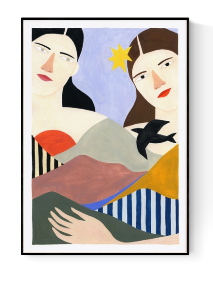 Modern illustration of two women blended into a colorful mountain landscape, with bold shapes and abstract forms – Mountains & Woman by Depeapa, A3 giclée art print made in Spain.