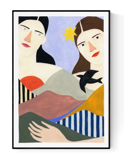 Modern illustration of two women blended into a colorful mountain landscape, with bold shapes and abstract forms – Mountains & Woman by Depeapa, A3 giclée art print made in Spain.