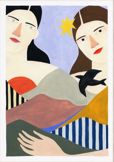 Modern illustration of two women blended into a colorful mountain landscape, with bold shapes and abstract forms – Mountains & Woman by Depeapa, A3 giclée art print made in Spain.