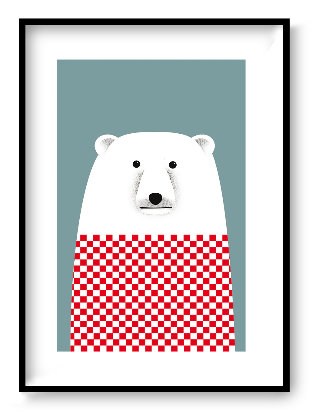 A4 art print “Derek the Polar Bear” by Studio Frits, minimalist polar bear illustration wearing a red sweater, playful wall art for modern family interiors.