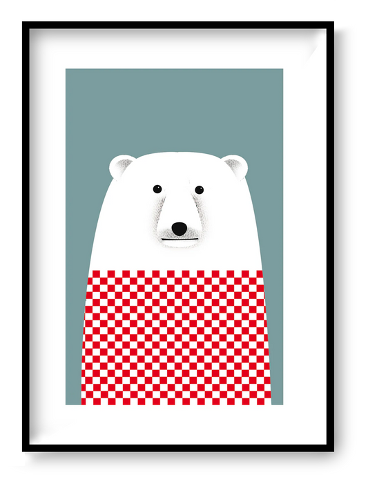 A4 art print “Derek the Polar Bear” by Studio Frits, minimalist polar bear illustration wearing a red sweater, playful wall art for modern family interiors.