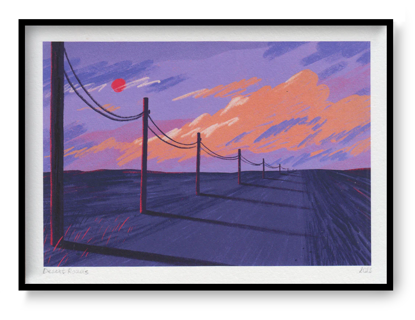 Dreamy landscape art print ‘Desert Roads’ by Linde Raats, featuring a surreal purple and pink sunset over a desert road with telephone poles casting long shadows. Minimalist and atmospheric wall art available at Galerie Frits