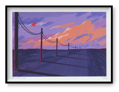 Dreamy landscape art print ‘Desert Roads’ by Linde Raats, featuring a surreal purple and pink sunset over a desert road with telephone poles casting long shadows. Minimalist and atmospheric wall art available at Galerie Frits