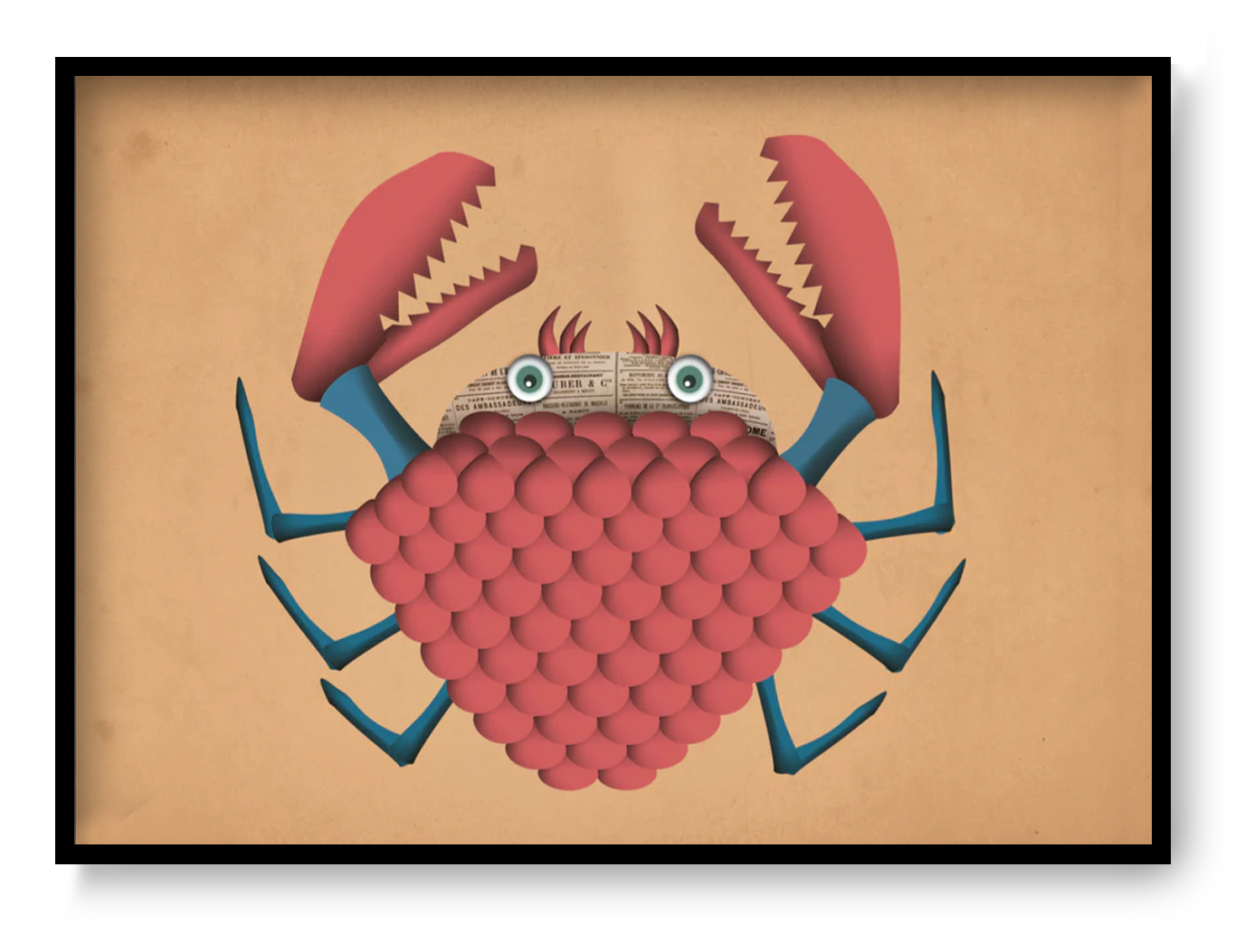 A4 art print “Desmond Crab” by Studio Frits, red crab illustration with textured vintage style, playful graphic wall art for modern interiors.