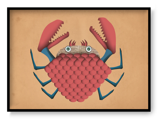 A4 art print “Desmond Crab” by Studio Frits, red crab illustration with textured vintage style, playful graphic wall art for modern interiors.