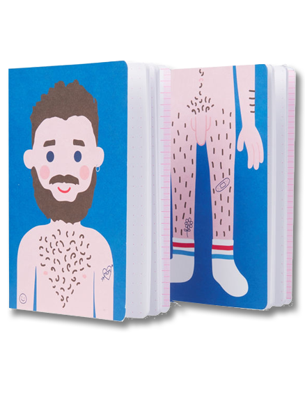 Set of two A5 notebooks by Dicks Don't Lie featuring humorous naked male figure illustrations, printed on premium matte paper with neon dotted pages – ideal for funny gifts or quirky journaling.