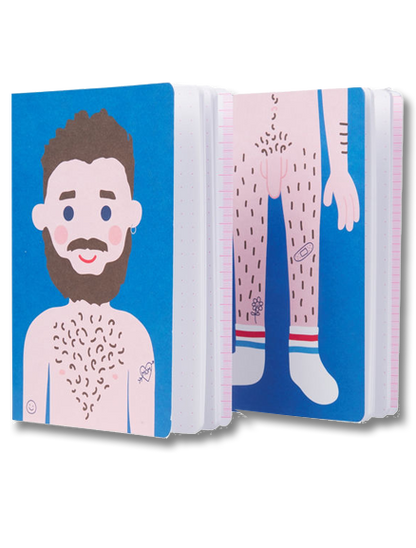 Set of two A5 notebooks by Dicks Don't Lie featuring humorous naked male figure illustrations, printed on premium matte paper with neon dotted pages – ideal for funny gifts or quirky journaling.