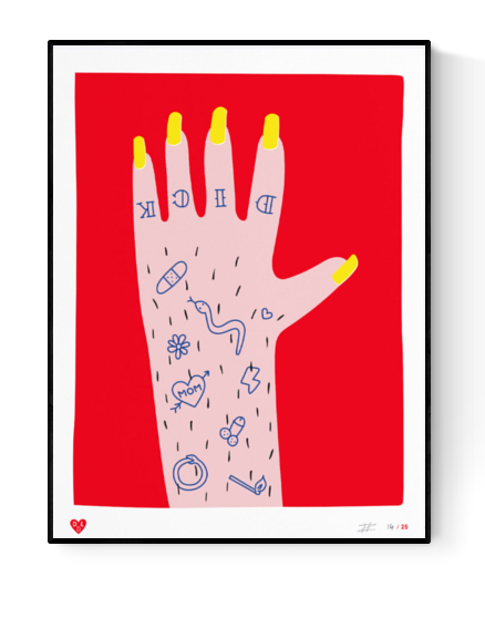 Playful hand-illustration with yellow nails and humorous tattoos on pink skin, bold red background – Nailed it hand by Dicks Don’t Lie, limited edition screenprint.