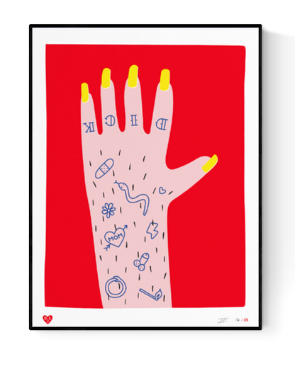 Playful hand-illustration with yellow nails and humorous tattoos on pink skin, bold red background – Nailed it hand by Dicks Don’t Lie, limited edition screenprint.