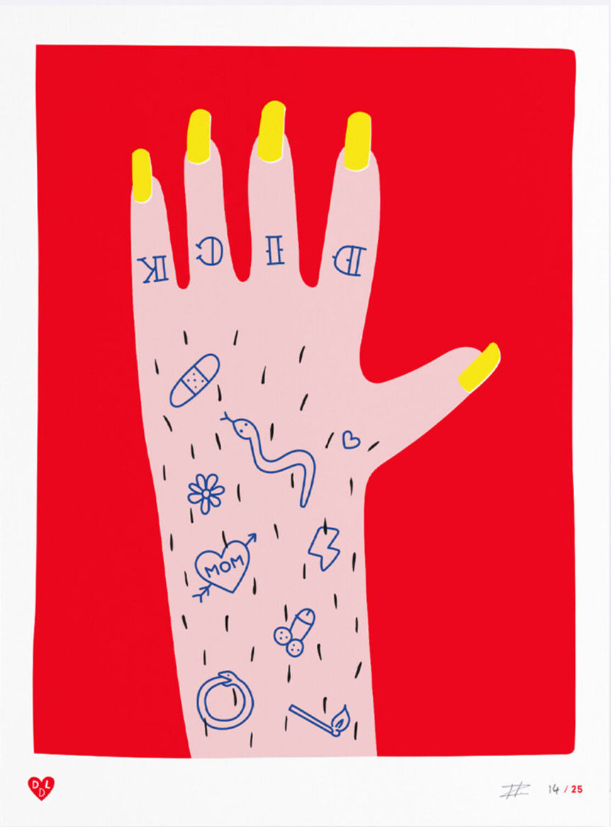 Playful hand-illustration with yellow nails and humorous tattoos on pink skin, bold red background – Nailed it hand by Dicks Don’t Lie, limited edition screenprint.