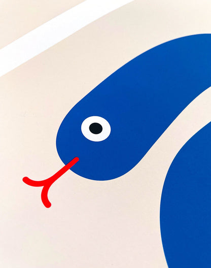 30 x 40 cm limited edition screen print titled Trouser Snake by Dicks Don’t Lie. Features a stylized, minimal blue snake with a humorous double meaning, printed in 4 vibrant colors. Hand-printed in the Netherlands, signed by the artist, edition of 25.